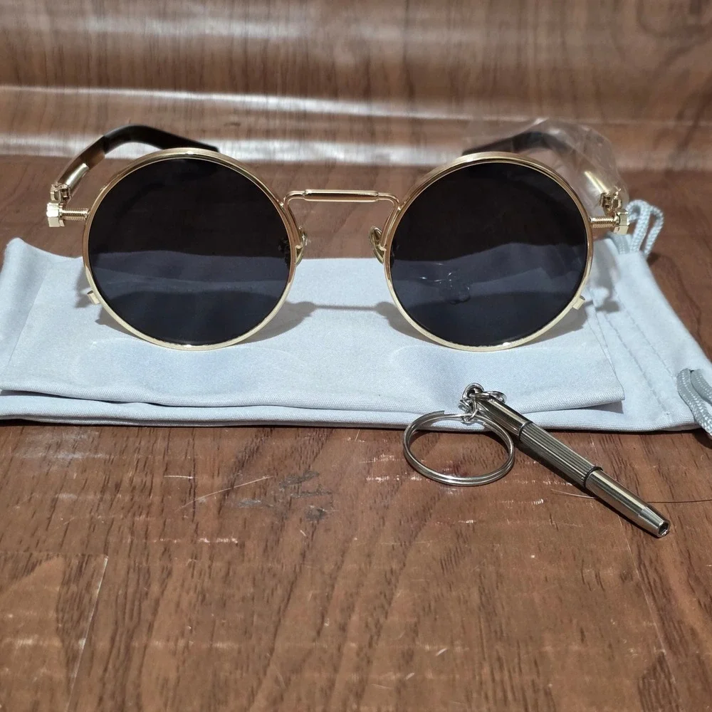 AIEYEZO Steampunk Round Sunglasses Gold Metal Frame Black Lens E0478 50-20-135
